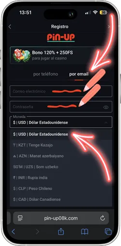 Registro con correo electrónico en Pin-Up